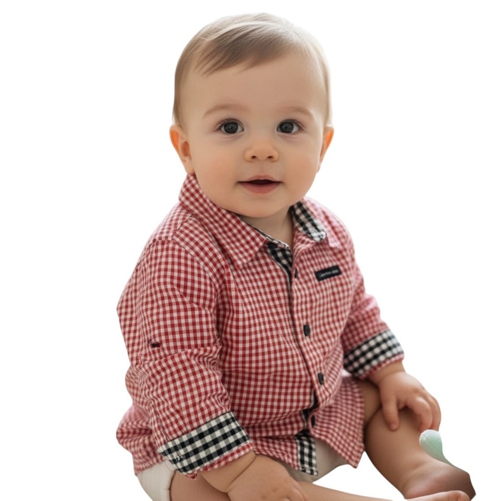 Calvin Klein baby shirt, button front red/black/white checkboard, 3-6m, NWOTS